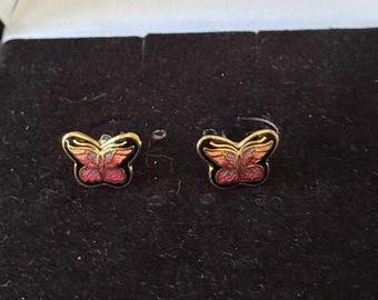 Vintage Butterfly Earrings Red Enamel Gold Tone Studs Pierced Post Earrings
