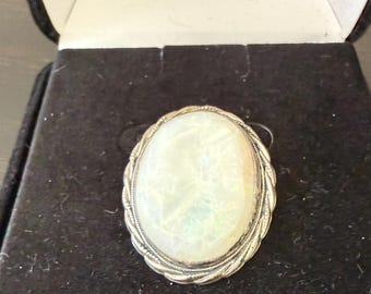 Vintage Faux Opal Glass Cabochon Brooch – Iridescent Oval Pin with Rope Edge Setting