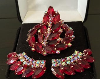 Vintage Madeleine Red Rhinestone Brooch & Earring Set: Aurora Borealis Accents