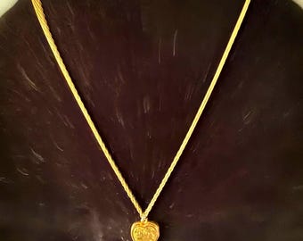 Vintage Romantic Midcentury Gold Tone Heart Necklace, Etched Floral Heart Pendant on Rope Chain