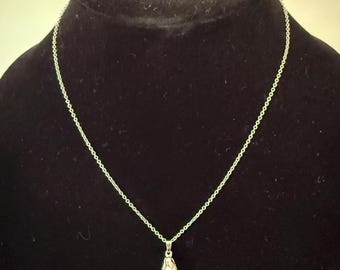 Vintage Faux Pearl Drop Pendant Necklace – Silver Tone Leaf Cap, Dainty 18” Chain