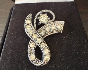 Vintage Rhinestone Ribbon Brooch, Silver Tone Swirl Pin