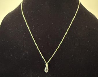 Vintage Sterling Silver Teardrop Crystal Pendant Necklace – Clear Glass Drop, Minimalist Bridal Jewelry