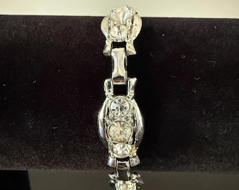 Vintage Rhinestone Link Bracelet: Mid-Century Silver-Tone Cocktail Jewelry