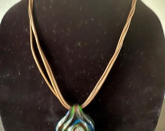 Vintage Murano Style Glass Pendant Necklace – Teardrop Swirl Multicolor Lampwork on Brown Cord