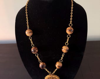 Vintage 1970s Wood Bead Statement Necklace Artisan Gold Tone Chain with Large Pendant