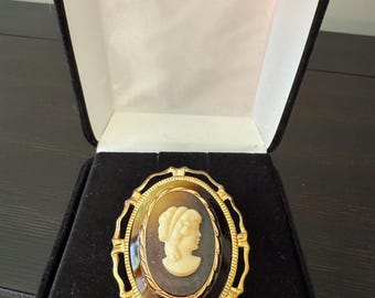 Vintage Resin Cameo Brooch, Gold Tone Oval Portrait Pin, Costume Jewelry