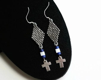 Cross Earrings, Metallic Pewter Plated Dangle Earrings