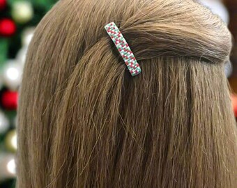Mini French Barrettes 40 mm / 1 1/2-inch in Christmas Theme Colors Red, Silver, Green, and White
