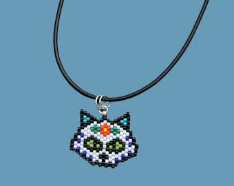 Cat Sugar Skull Beaded Necklace On Adjustable Black Cord