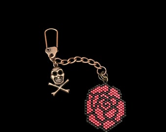 Skull And Rose Beaded Charm, Unique Dark Artisan Keychain