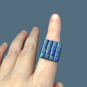 Dark Blue Ring, Square, Adjustable Costume Jewelry, Statement Ring Denim Blue