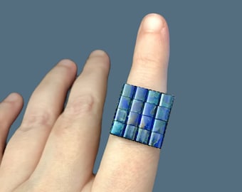 Denim Blue Seed Bead Ring, Adjustable Costume Jewelry