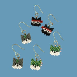 Cute Cat Dangle Earrings, Ninja, Cactus, and Gray Mini Kitschy Cats, Three Pair