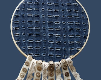 Blue Denim Wall Decor With Off White Fringe Accent, Distressed Denim