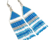 Blue Beaded Dangle Earrings, Long Fringe, Boho Chic