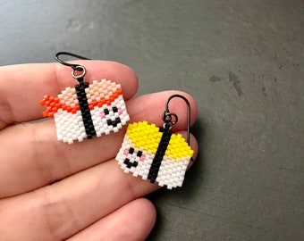 Kawaii Beaded Egg And Shrimp Sushi, Mismatched Earrings