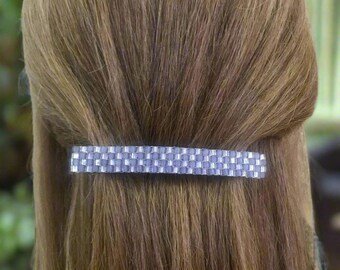 Hand Beaded French Barrette, Purple & Gold Glass Beads, 90mm