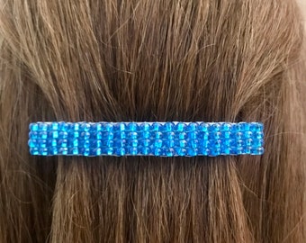 Large Blue French Barrette, Silver Lined Dark Aqua Color, 80mm, For Long Hair, Sturdy
