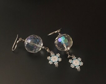 Snowflake With Faceted Glass Ball Dangle Earrings