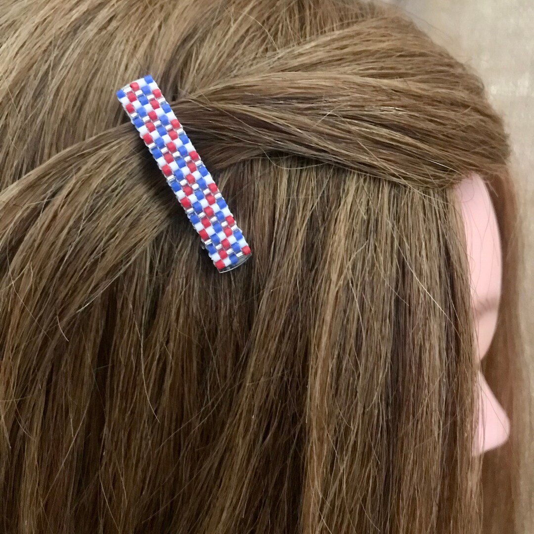 Patriotic Mini French Barrettes, Red White Blue Seed Beads, 4th of July ...