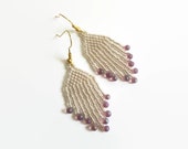 Tan Beaded Dangle Earrings, Lavender Tear Drop Bead Accent