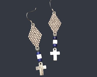 Cross Earrings, Metallic Pewter Plated Dangle Earrings