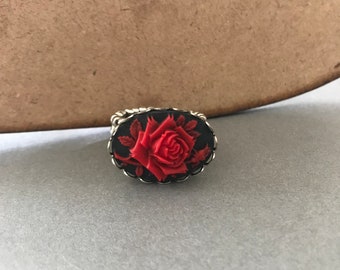 Rose Stretchy Ring, Black And Red Rocker Romance Costume Jewelry