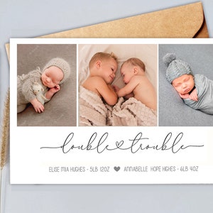 Twin baby thank you cards, twice the love, double trouble, twins photo announcements, cute funny twin baby announcements