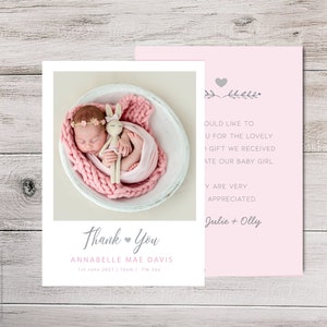 Baby thank you cards photo, baby girl thank you card, personalised photo thank you birthday, Christening thank you cards girl printable card