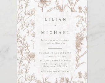 Beige Chinoiserie Wildflower Wedding Invitation