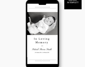 Memorial Baby card, Funeral announcement with photo, TEMPLETT editable, baby loss keepsake digital, download memorial invitation