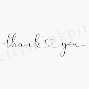 May include: A simple black and white calligraphy design that says "thank you" with a heart in the middle.