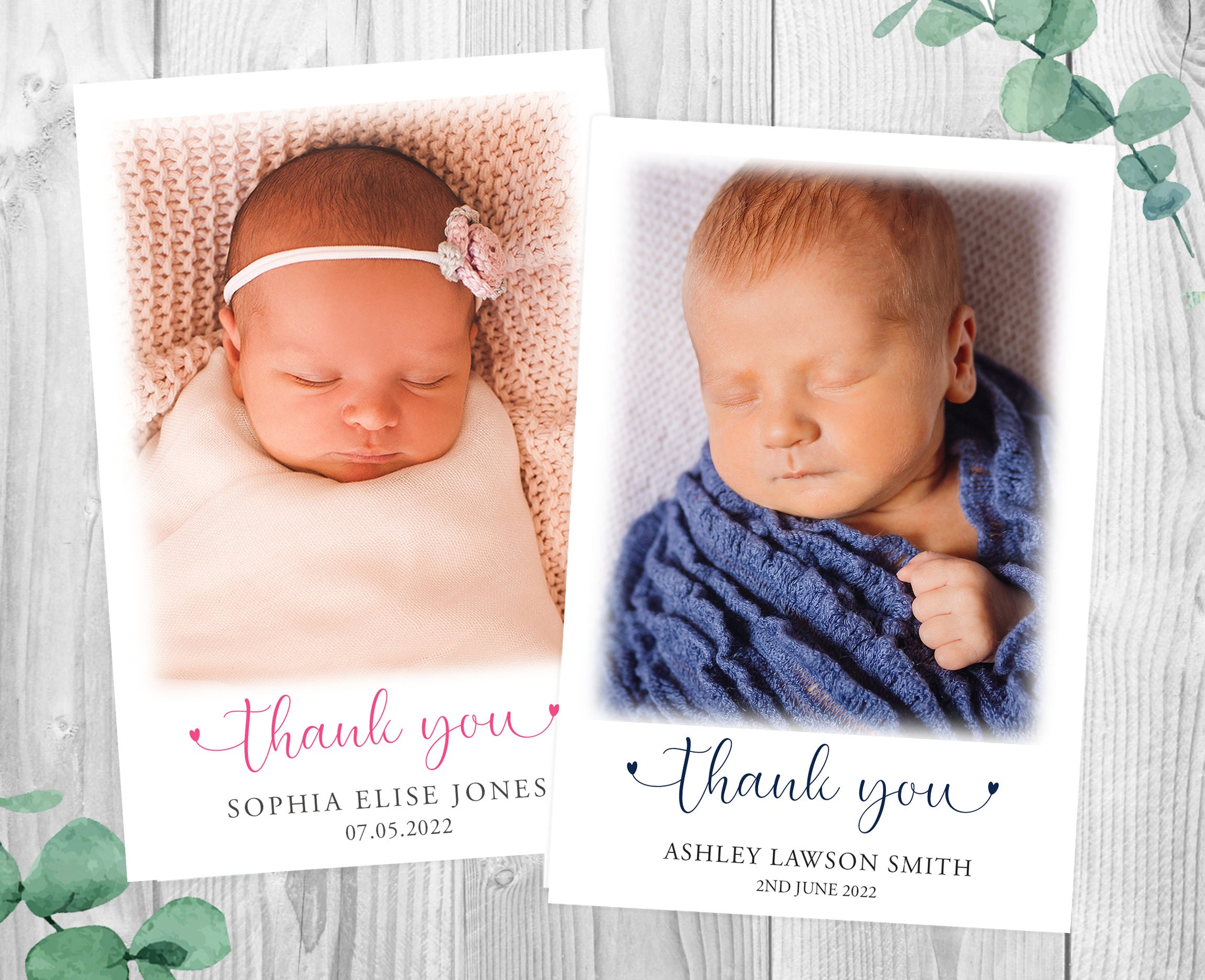 Details about   Personalised Photo New Baby Birth Announcement Thank You Card & Envelopes Pack 