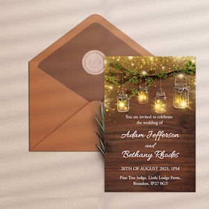 Fairy Lights Wedding Invitation Template: Rustic Mason Jars - Etsy