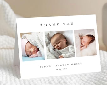 May include: A white folded card with the words "THANK YOU" at the top. The card features three photos of a sleeping baby. Below the photos is the text "JENSON ASHTON WHITE" and the date "01 24 2027".