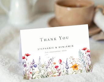 Wildflowers Wedding Thank You Card, Personalised Folded Cards
