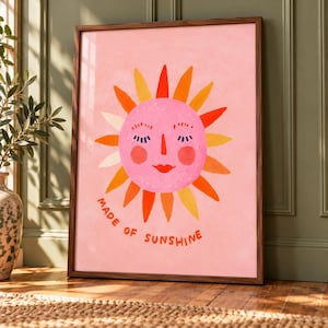 Made of Sunshine Art Print, Pink Orange Celestial Door Hangers with Pom Poms