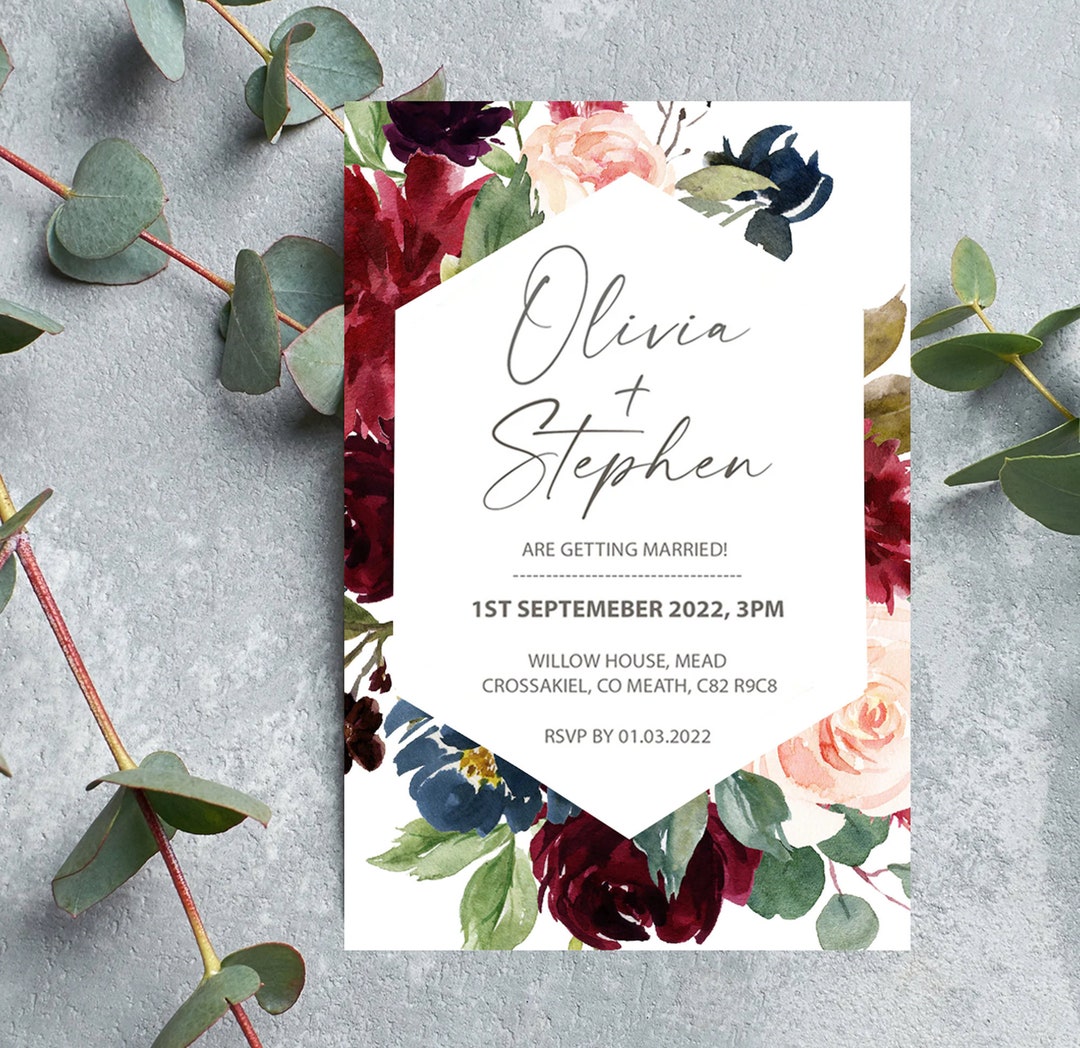 Invitación de recepción de boda, floral burdeos y rosa, invitación de