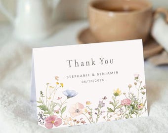 Wildflower Wedding Thank You Cards, Personalised Folded Cards