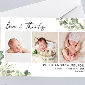 New Baby thank you cards, baby thank you card photo, personalised photo thank you, botanical baby announcement, birth announcement post card