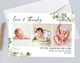 New Baby thank you cards, baby thank you card photo, personalised photo thank you, botanical baby announcement, birth announcement post card