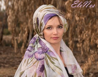 Ready for shipping, Large hand painted silk scarf with purple iris and olive-green leaves, Handpainted head covering shawl with lilac flower