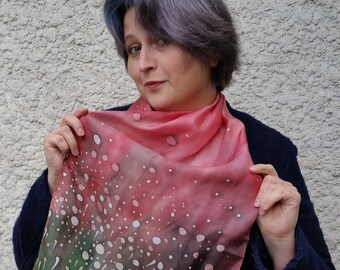 Hand painted red-green silk scarf with white wildflowers, Handpainted silk shawl with small  polka dots, Hot batik, Christmas gift