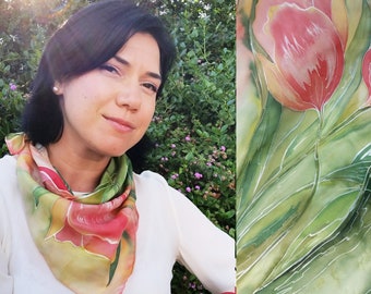 Ready for shipping, Hand painted silk shawl with bouquet red-orange tulips and green leaves, Square silk scarf with bright red flowers