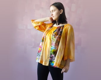 Ready for shipping, Hand painted natural silk blouse with watercolor floral pattern, Summer orange women's blouse with a colorful inserts