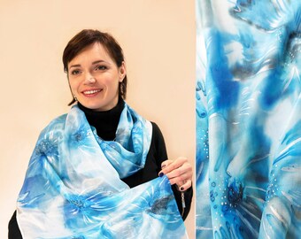 Ready for shipping; Hand painted silk scarf with light blue wild flowers; Handpainted silk shawl with delicate dandelion flowers; For women