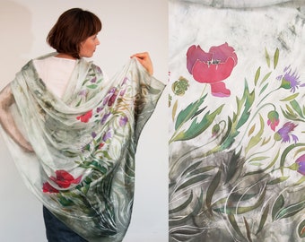 Ready for shipping, Large hand painted silk scarf with with poppies cornflowers bluebells, Delicate dark-green silk shawl with wildflowers
