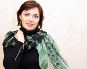 Dark green handpainted silk chiffon scarf with olive branch, Large square silk shawl with natural pattern, Passover gift, Holy Land present