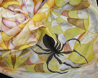 Hand painted silk scarf with gold spider web- Handpainted spiderweb silk shawl - Unisex silk accessory - OOAK for order